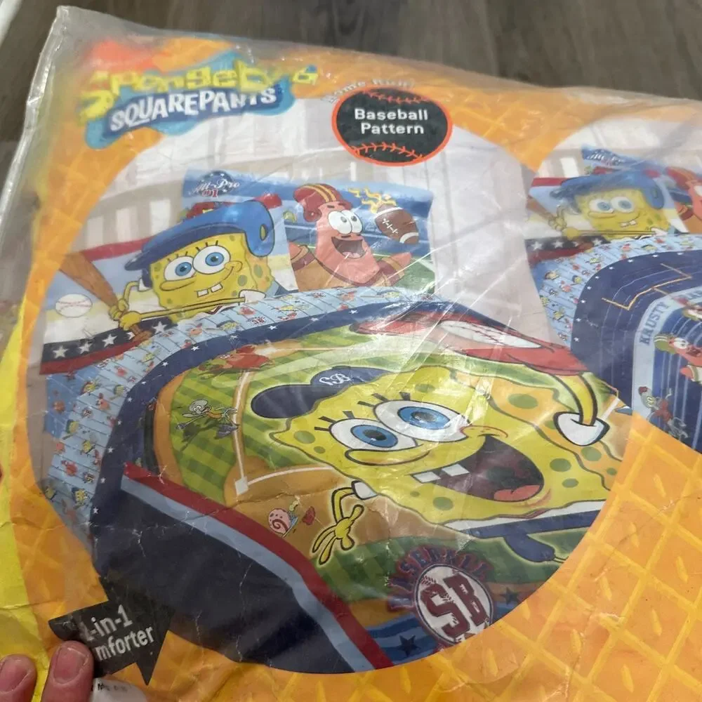 VTG 2008 Spongebob‎ Squarepants Comforter TWIN Football Baseball Pattern Reverse